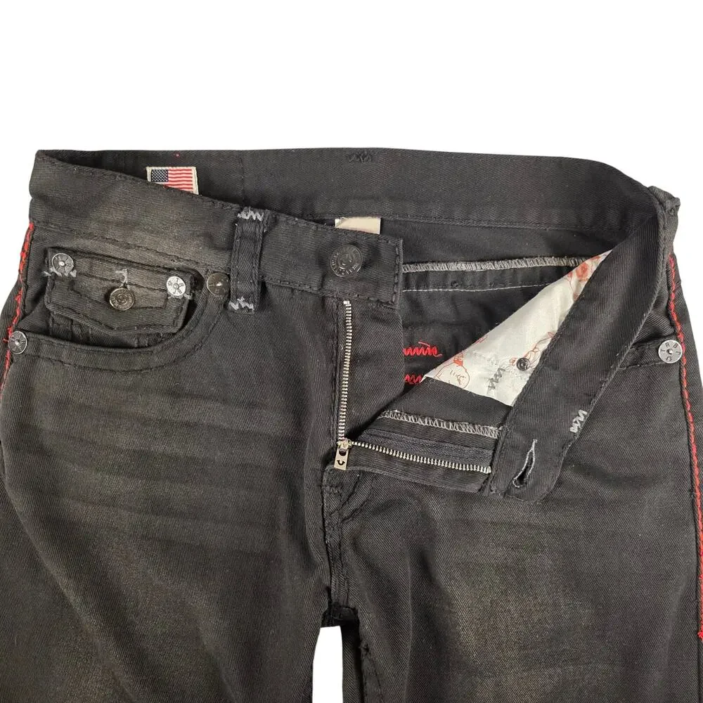True Religion Ricky Super T Jeans 36x32 Wounded Fox Black Red Stitch USA